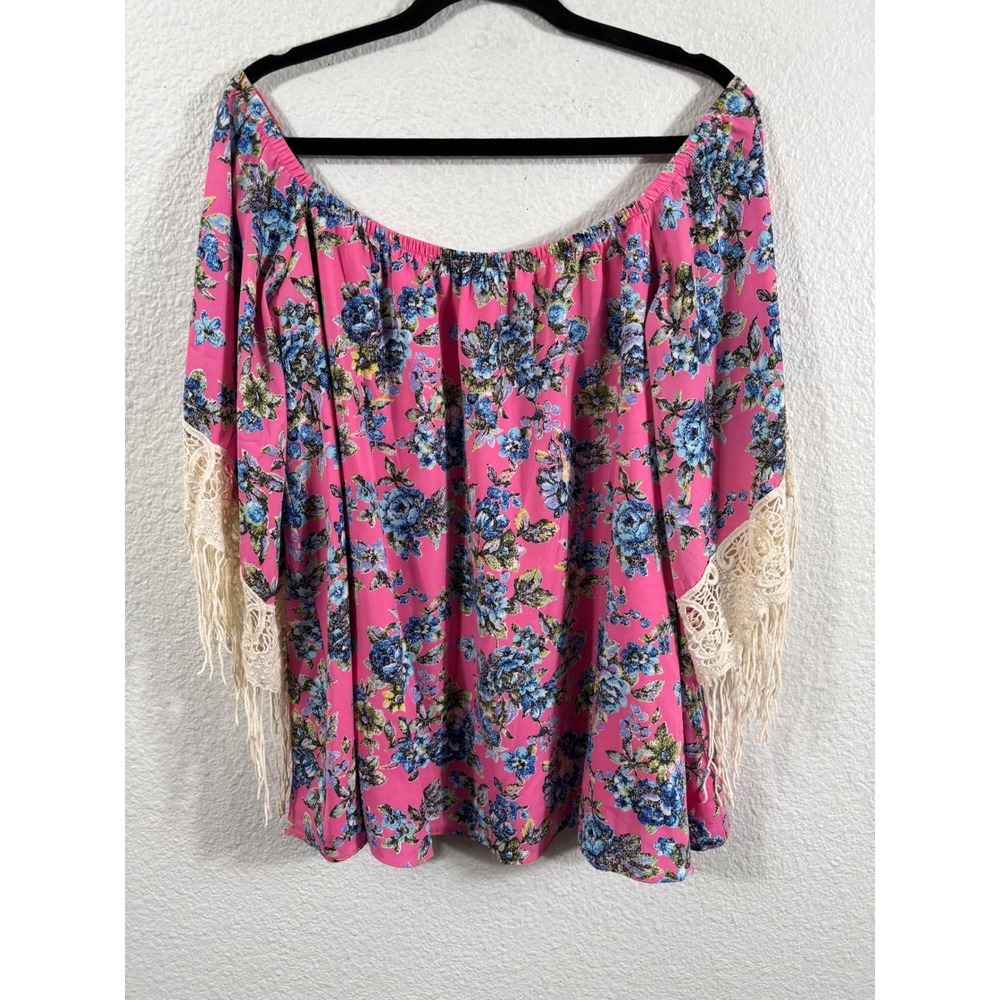 Voom by Joy Han Pink Floral Off Shoulder Top Crochet Fringe Sleeve Large Cowgirl